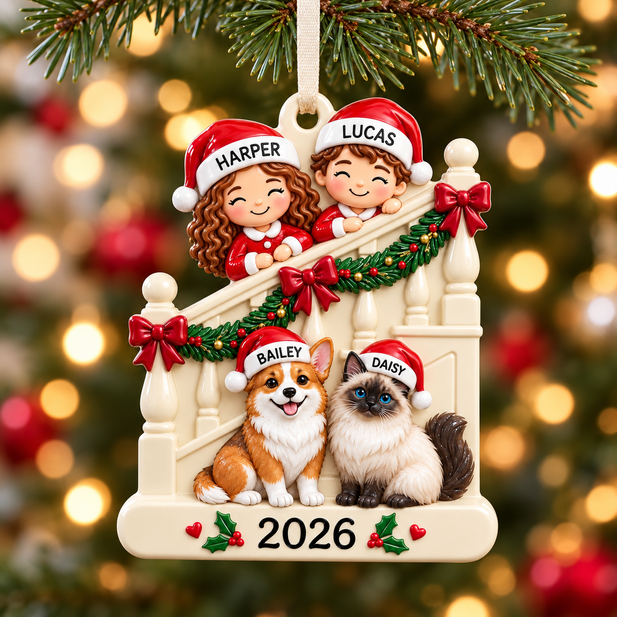 Family Kids with Dog and Cat on Staircase Christmas Holiday Keepsake - 3D Relief Ornament