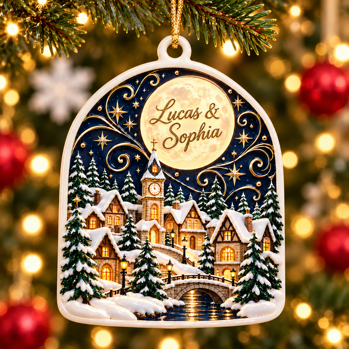 Winter Village Night Scene Arch Acrylic Holiday Hanging Keepsake - 3D Relief Ornament