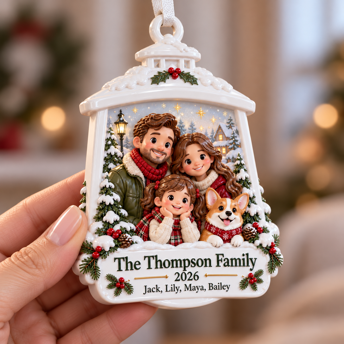 Winter Lantern Family and Dog Hanging Holiday Keepsake - 3D Relief Ornament
