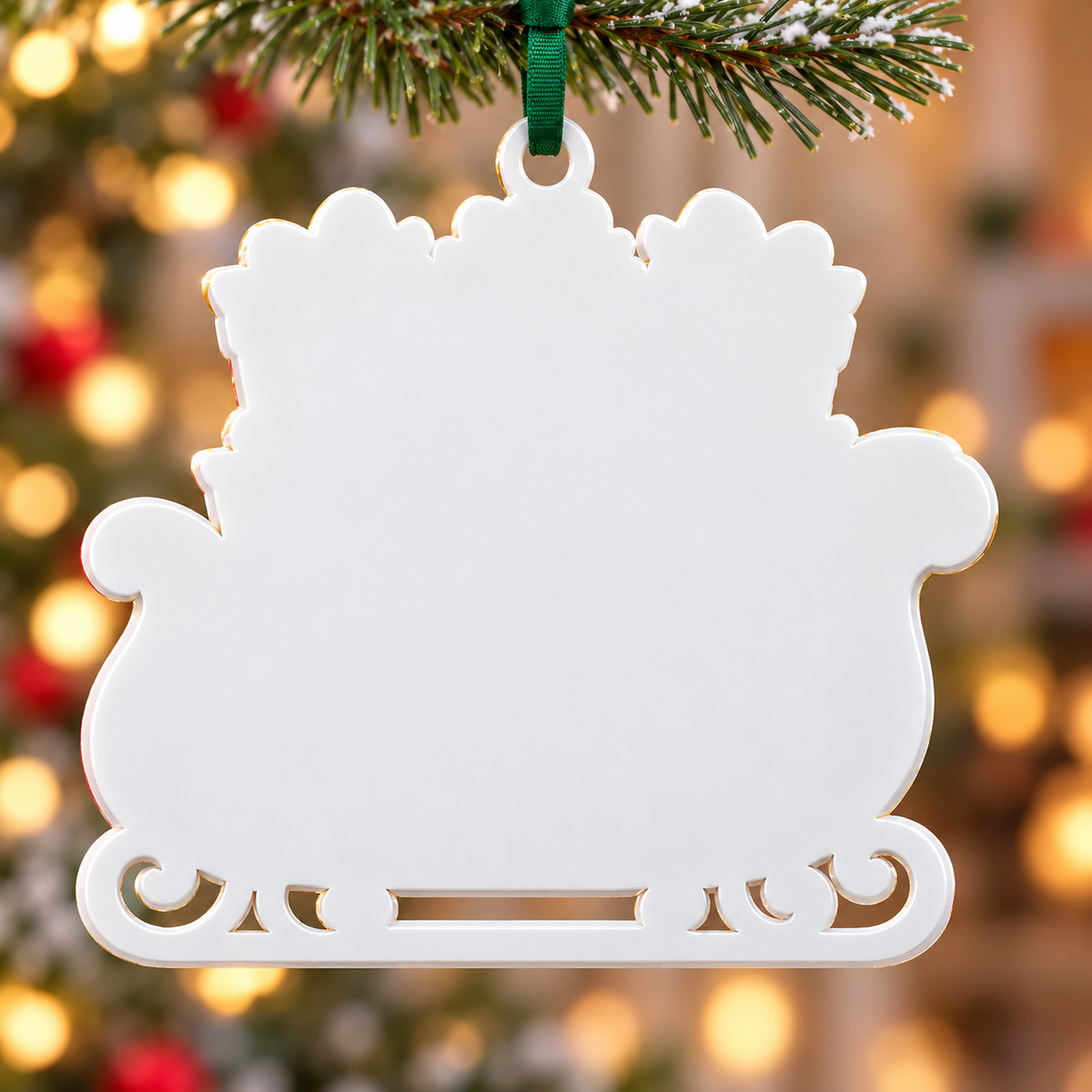 Christmas Sleigh Silhouette Holiday Tree Hanging Decor in White - 3D Relief Ornament