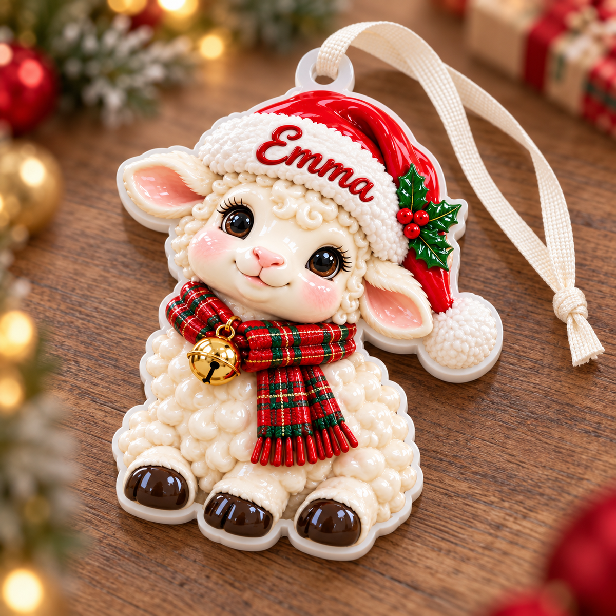 Christmas Lamb in Santa Hat Acrylic Holiday Hanging Decor - 3D Relief Ornament