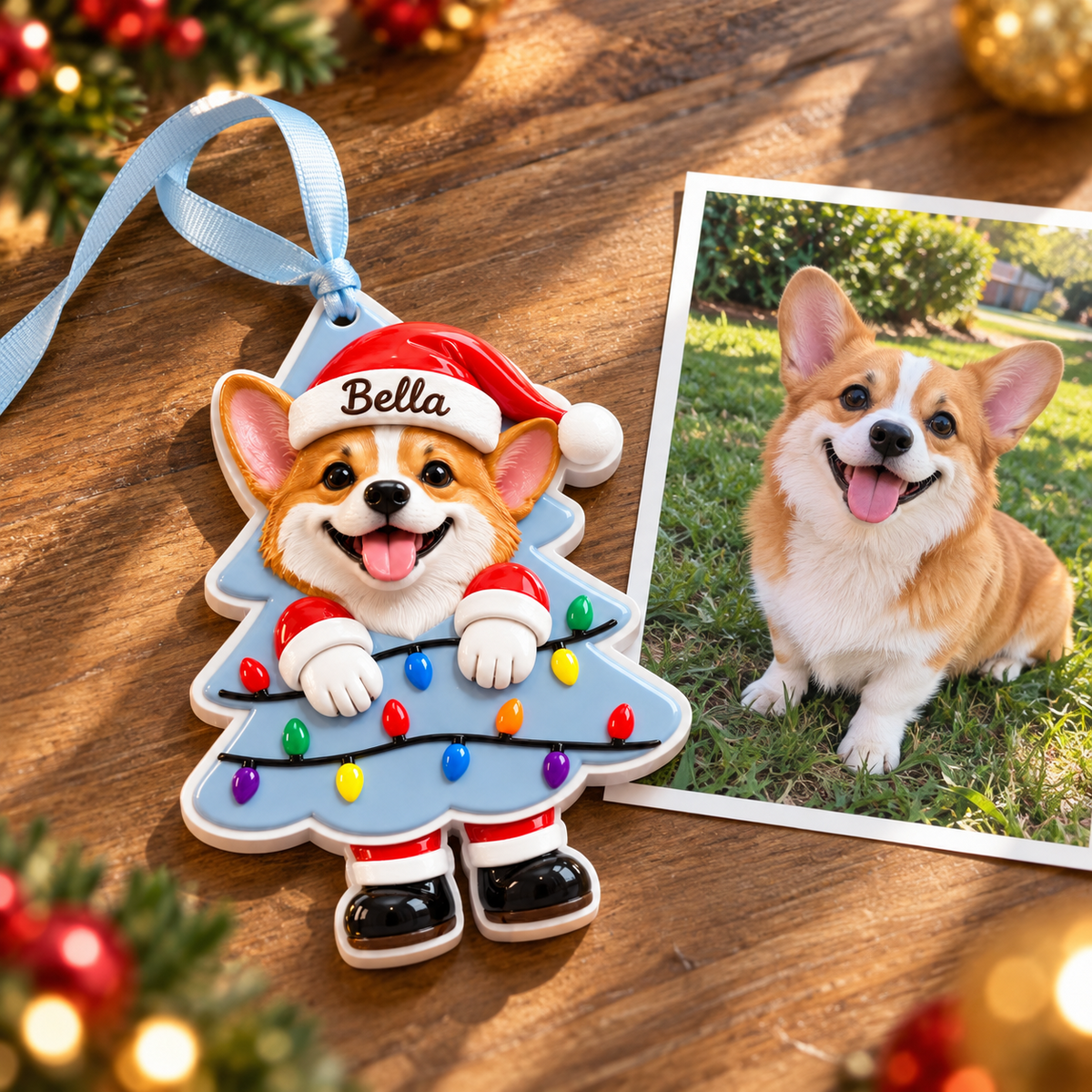 Pembroke Welsh Corgi Dog in Santa Hat Christmas Tree Holiday Hanging Decor - 3D Relief Ornament