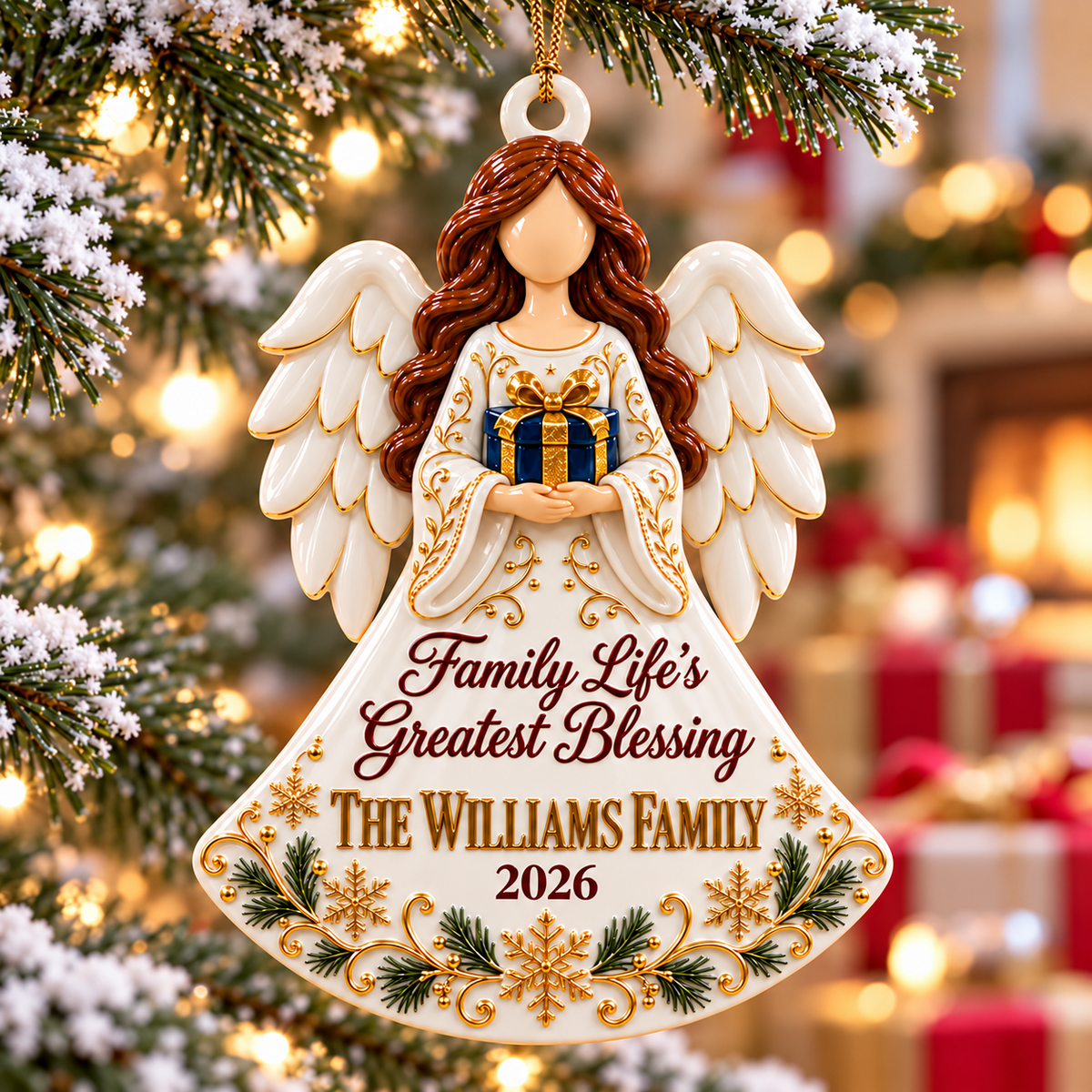 Family Blessing Angel Acrylic Keepsake with Wings and Gift Box Holiday Accent - 3D Relief Ornament