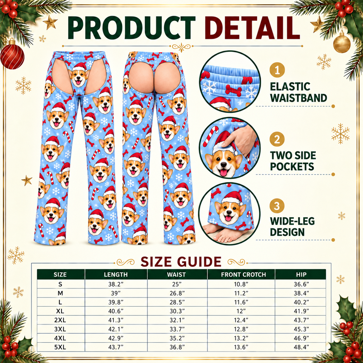 Men's Christmas Corgi Cutout Pajama Pants Light Blue Novelty Chaps