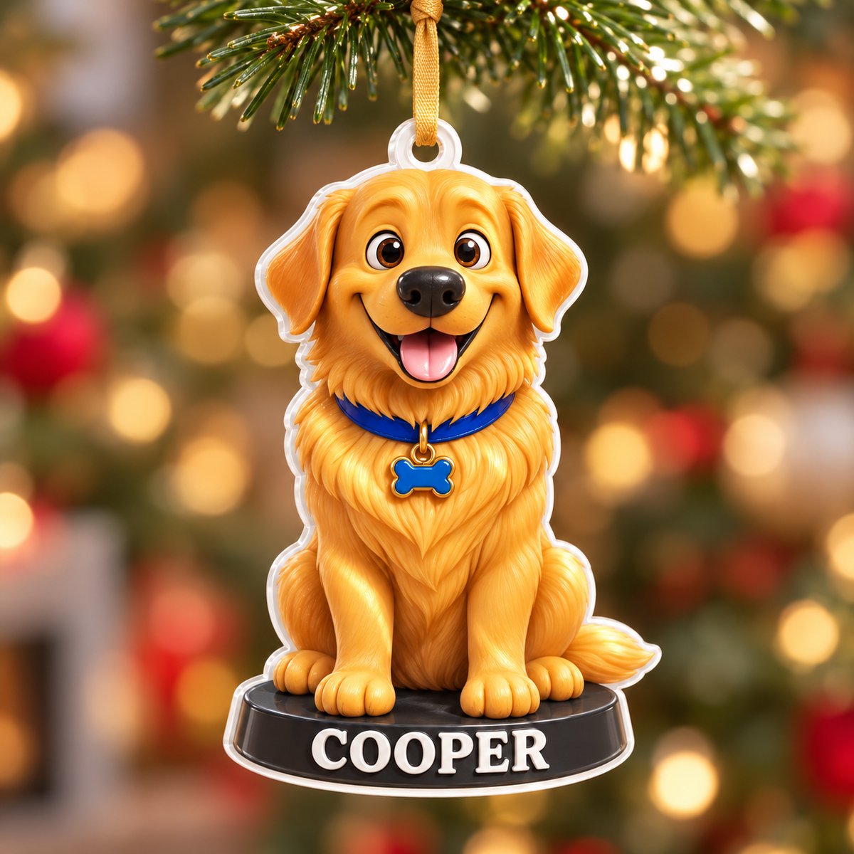 Golden Retriever Dog Holiday Tree Hanging Decoration, Yellow Puppy Figure - 3D Relief Ornament