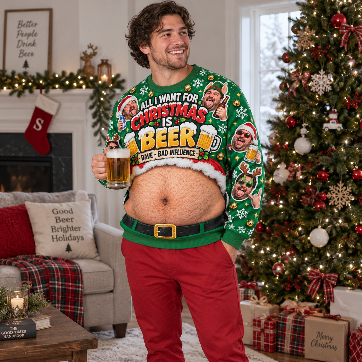 Beer Belly Christmas Sweatshirt Novelty Fake Hairy Stomach Pullover