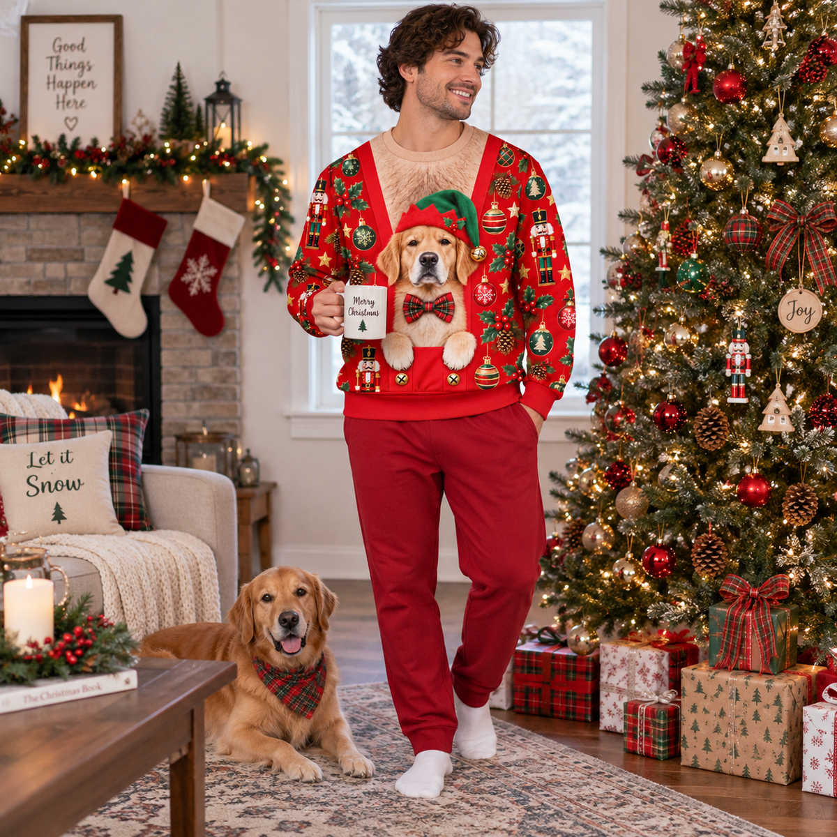 Golden Retriever Ugly Christmas Sweatshirt Faux Hairy Chest Pullover