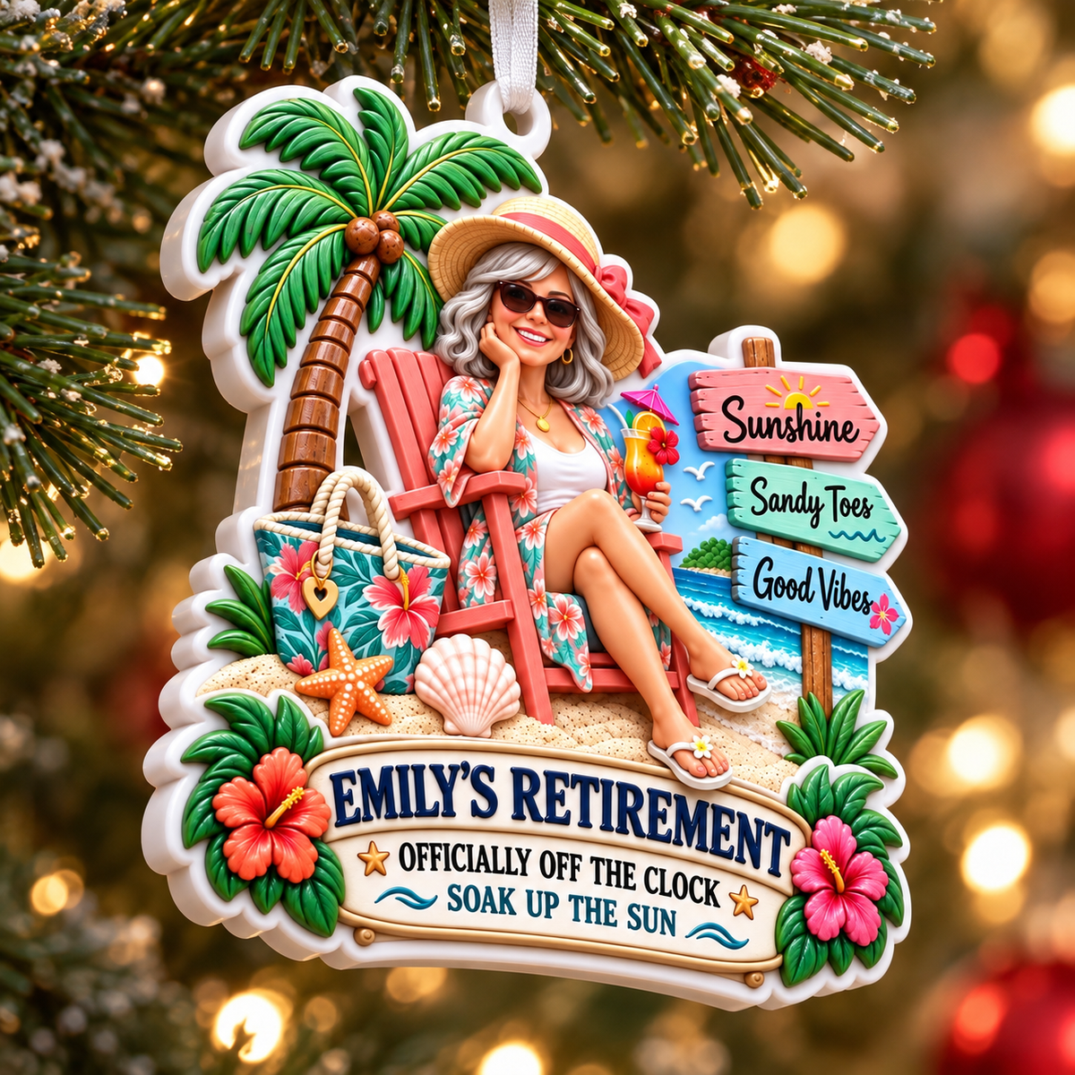 Beach Vacation Retirement Hanging Keepsake with Relaxing Woman and Palm Tree - 3D Relief Ornament