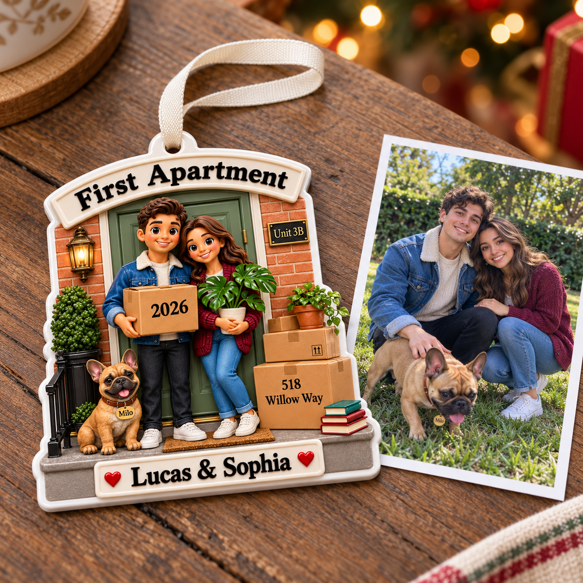 First Apartment Moving Couple with French Bulldog Front Porch Holiday Keepsake - 3D Relief Ornament