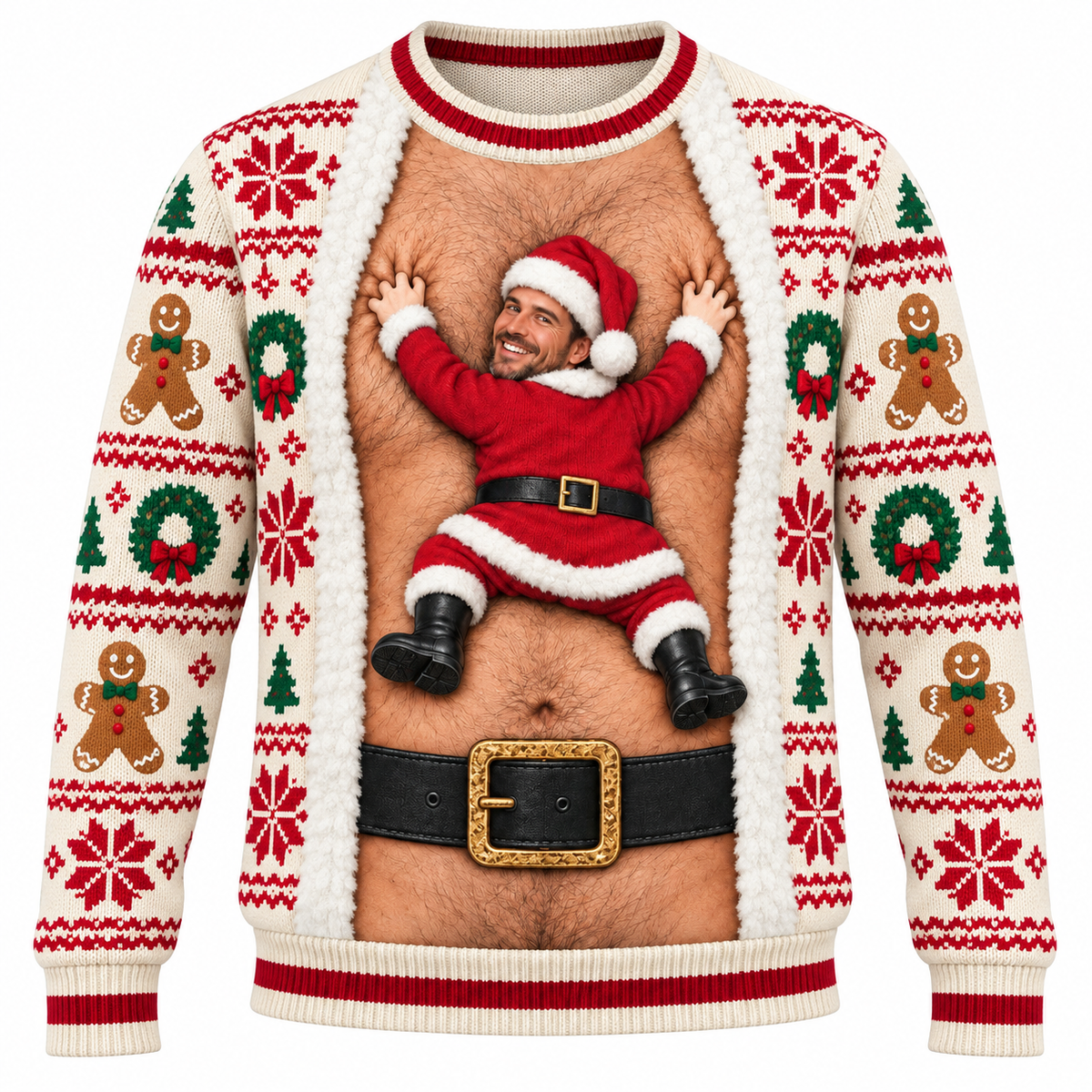Funny Christmas Sweatshirt Hairy Chest Santa Faux Cardigan Crewneck