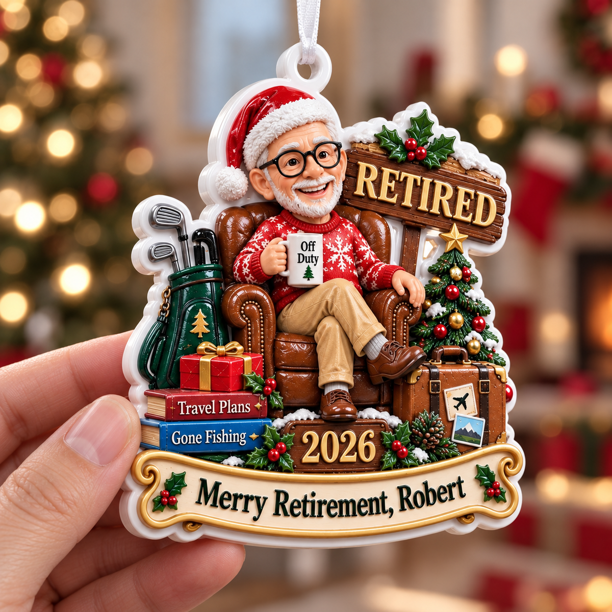 Retirement Christmas Holiday Tree Keepsake with Armchair and Golf Bag - 3D Relief Ornament