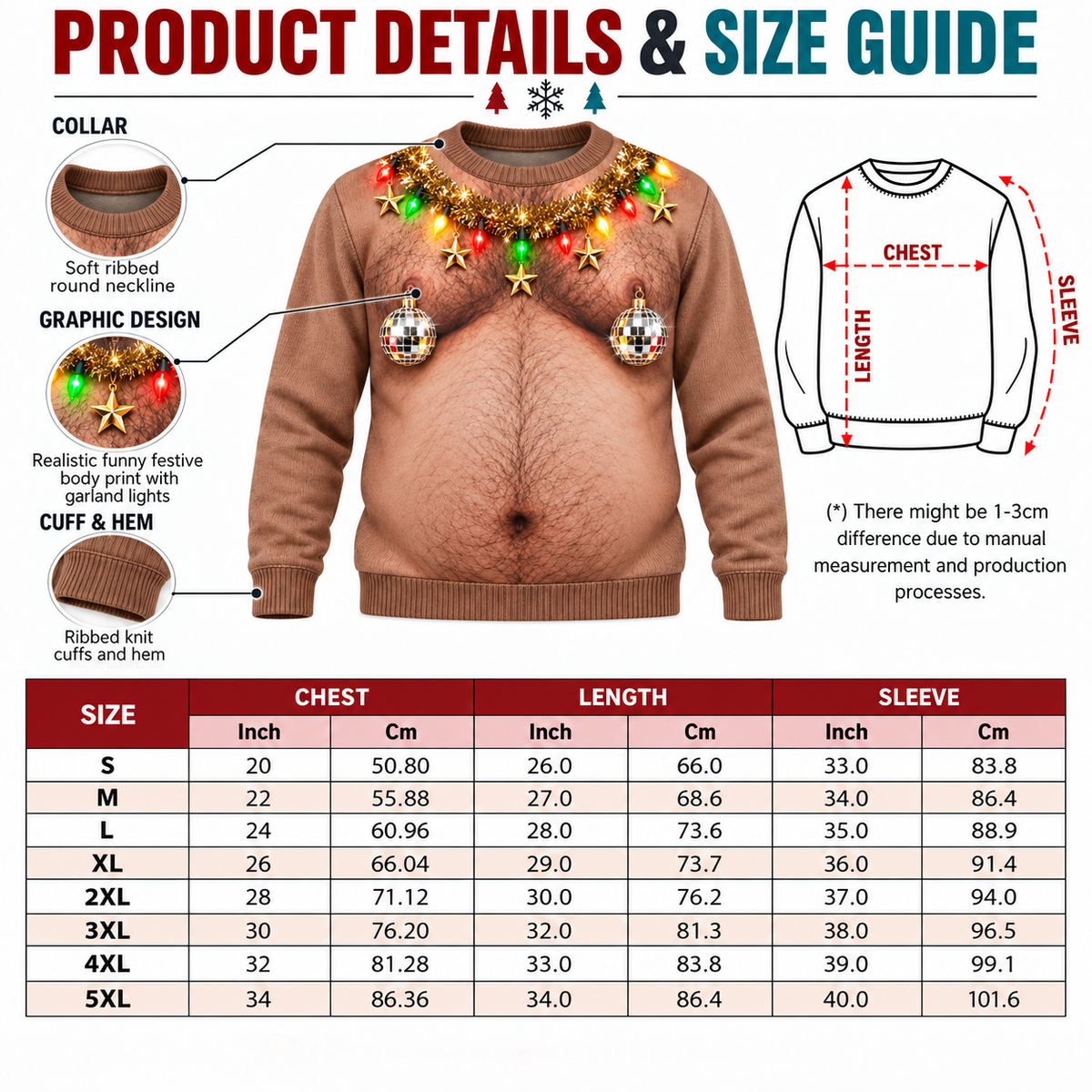 Hairy Chest Christmas Sweatshirt Funny Holiday Garland Tan Pullover