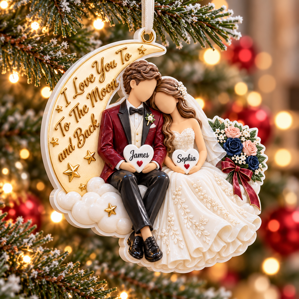 Wedding Couple on Crescent Moon Hanging Keepsake with Floral Bouquet - 3D Relief Ornament
