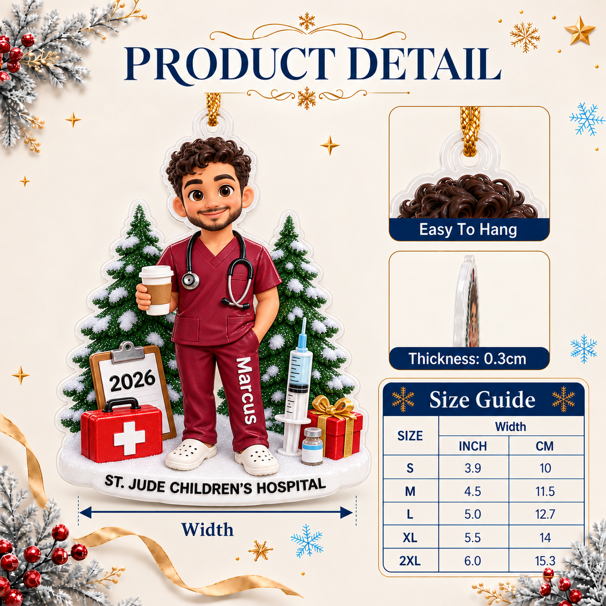 Male Nurse in Maroon Scrubs Healthcare Worker Christmas Tree - 3D Relief Ornament