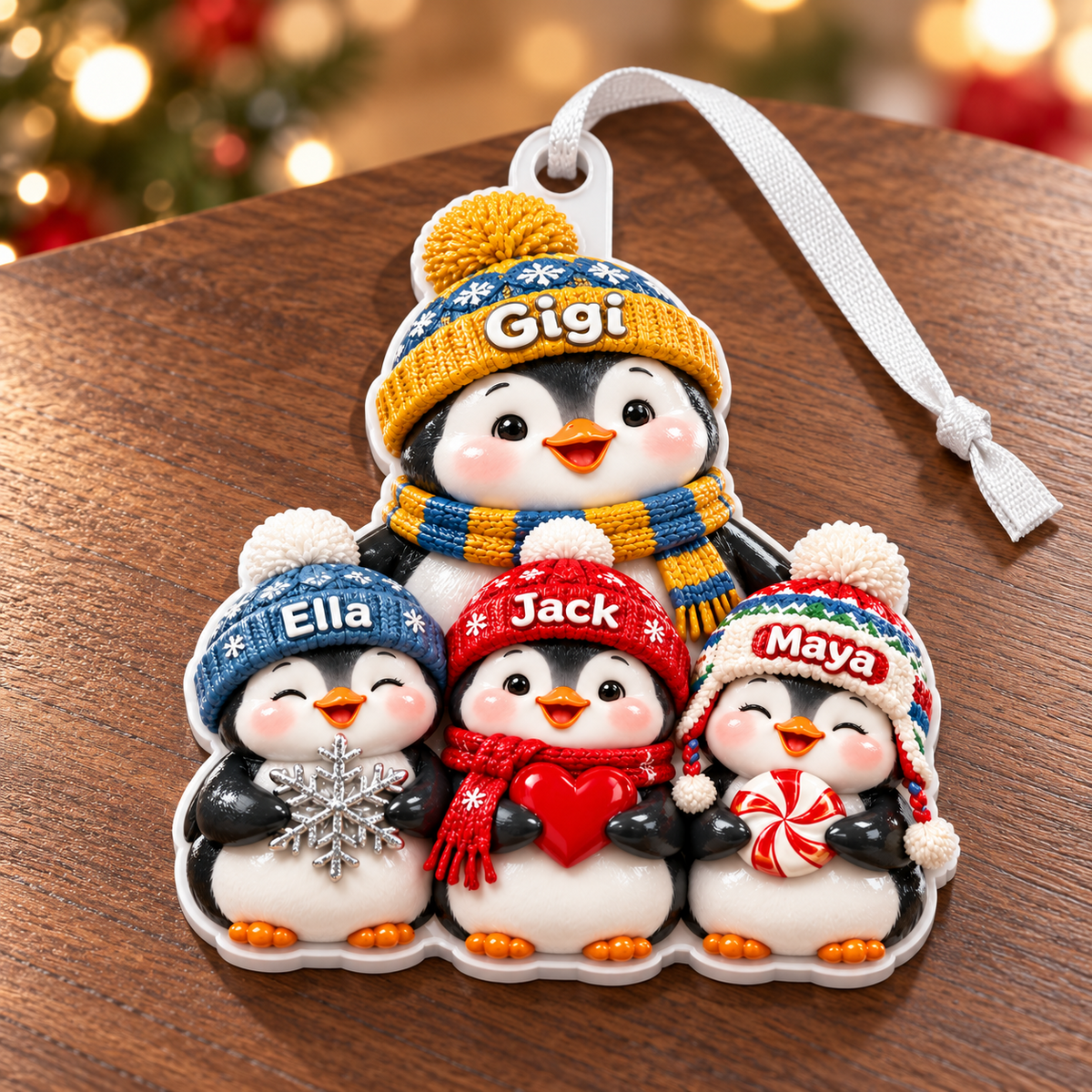 Winter Penguin Family with Knit Beanies Hanging Acrylic Holiday Accent - 3D Relief Ornament