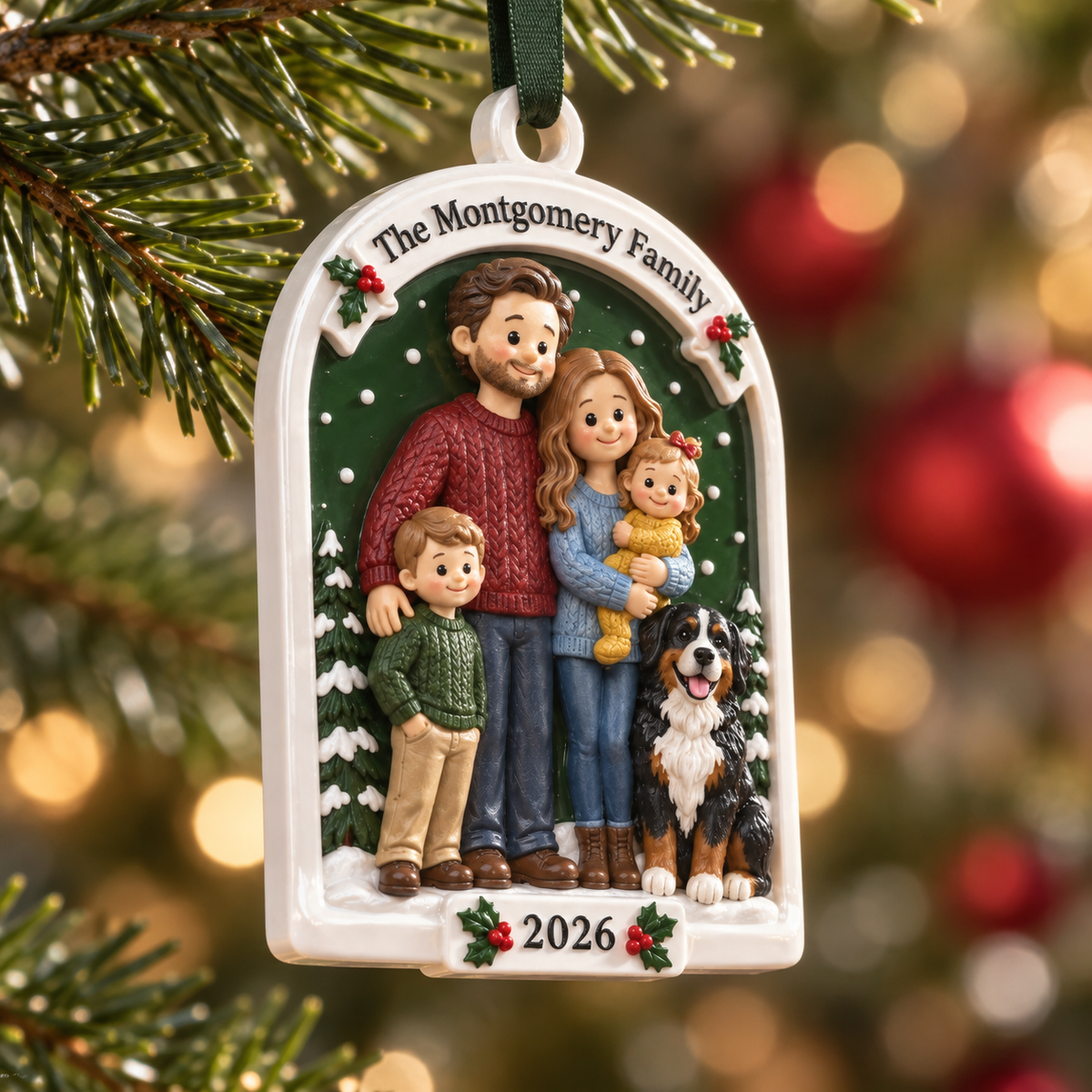Family of 4 with Pet Dog Christmas Tree Hanging Plaque, Arched Ceramic Holiday Keepsake - 3D Relief Ornament