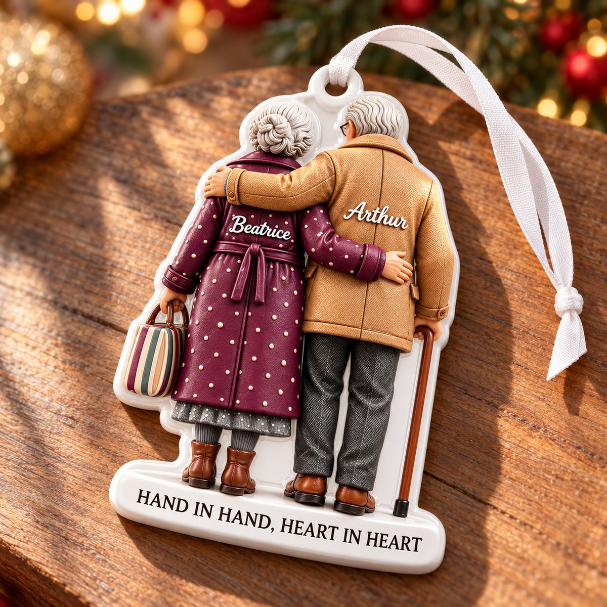 Grandparents Holiday Tree Keepsake, Elderly Couple Embracing Design - 3D Relief Ornament