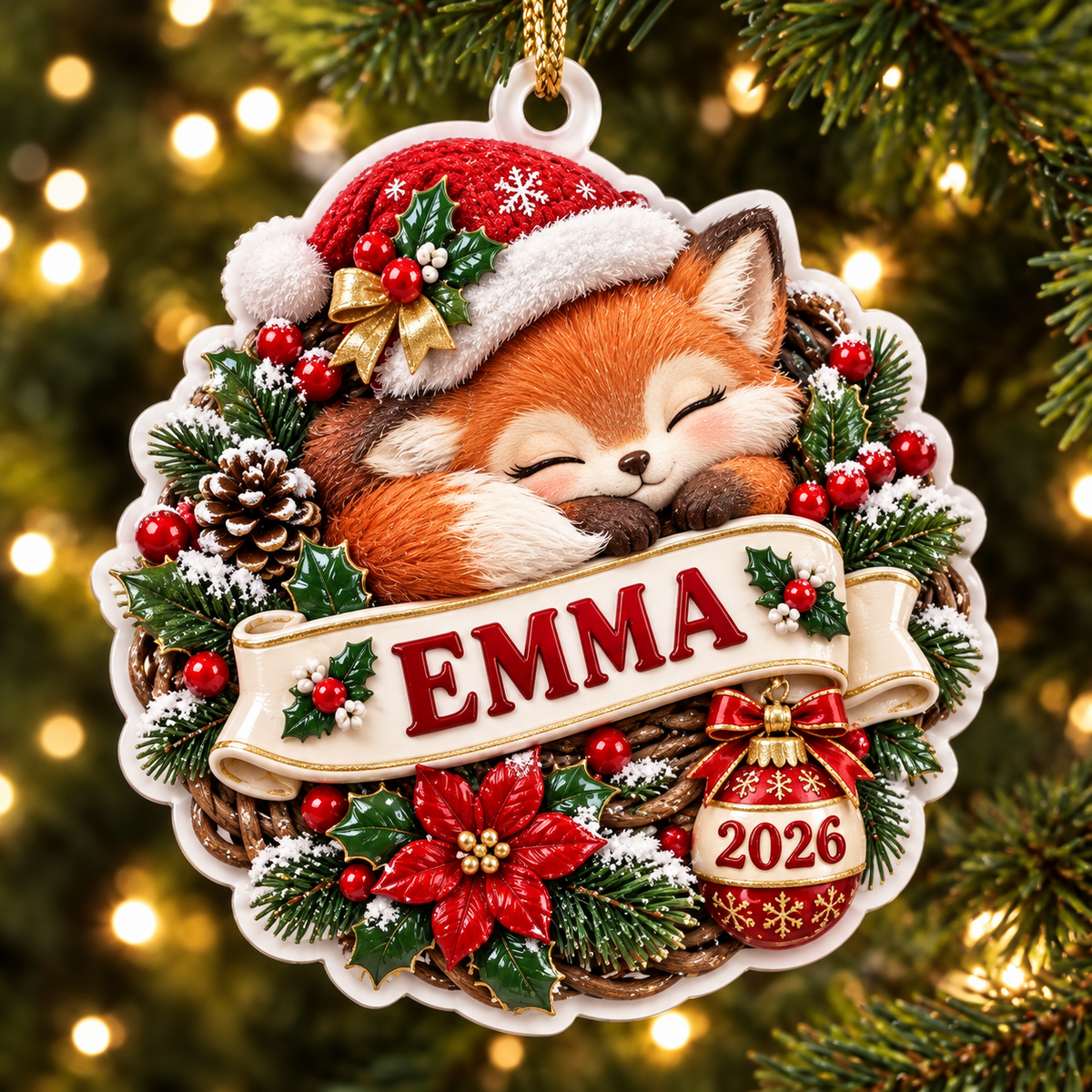 Sleeping Fox Wreath with Santa Hat Acrylic Christmas Keepsake - 3D Relief Ornament
