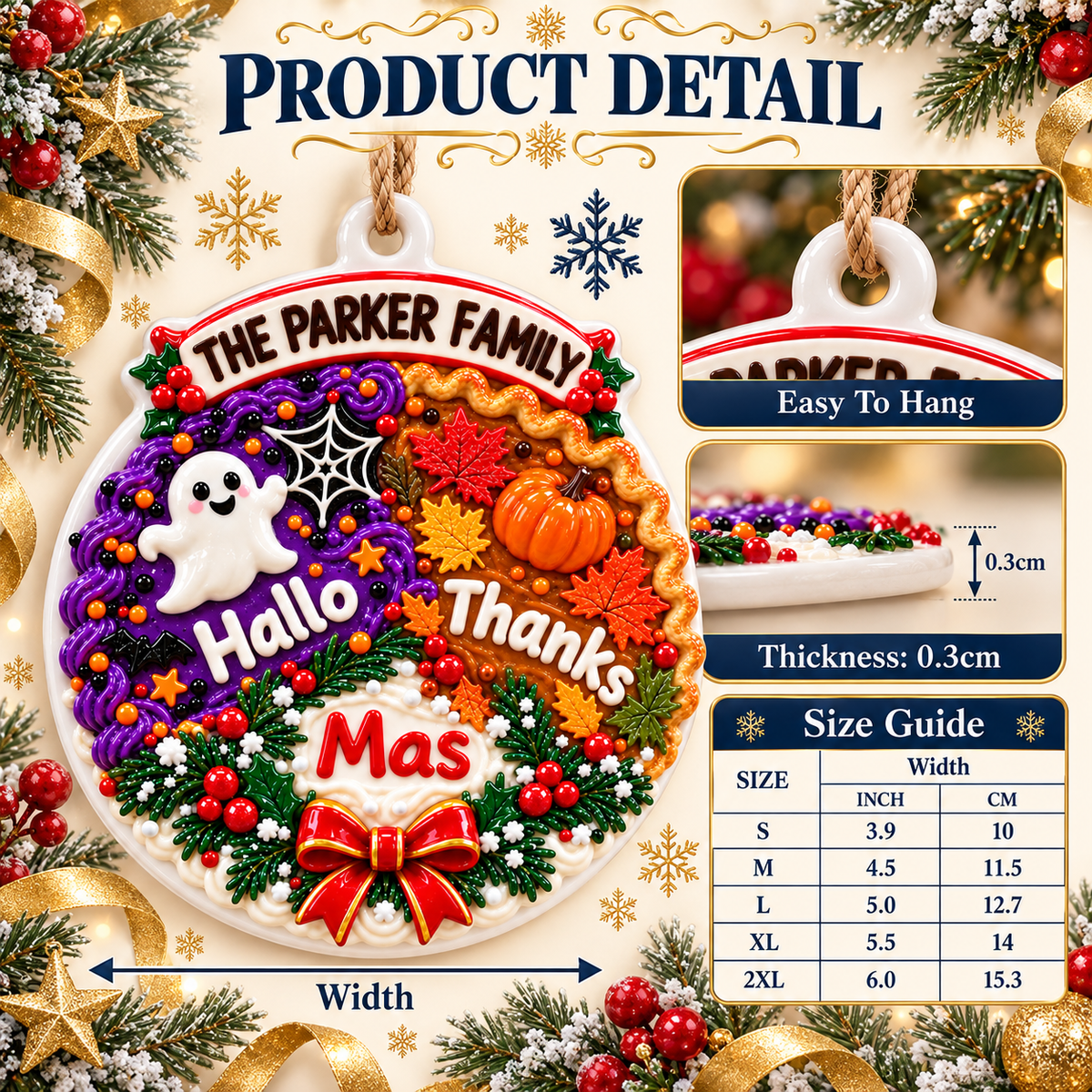 Hallo Thanks Mas Holiday Trio Hanging Medallion with Autumn Leaves and Ghost - 3D Relief Ornament