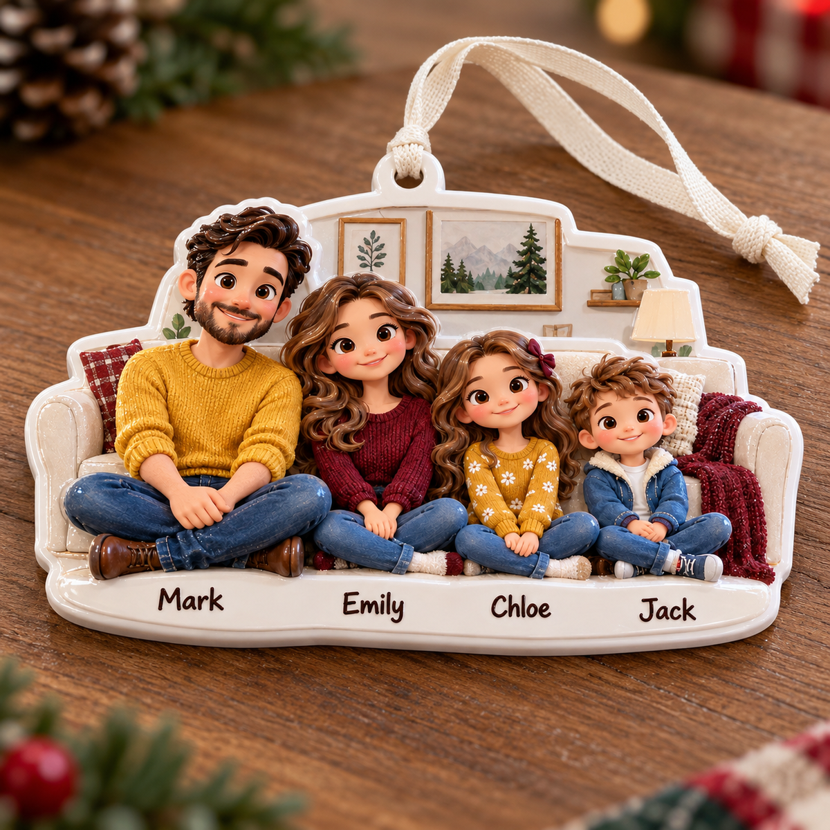 Cartoon Family of Four on Living Room Couch Hanging Holiday Keepsake - 3D Relief Ornament