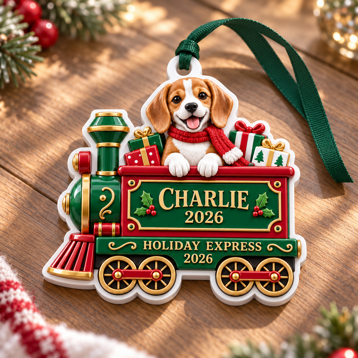 Holiday Express Christmas Train with Stacked Gifts in Green and Red - 3D Relief Ornament