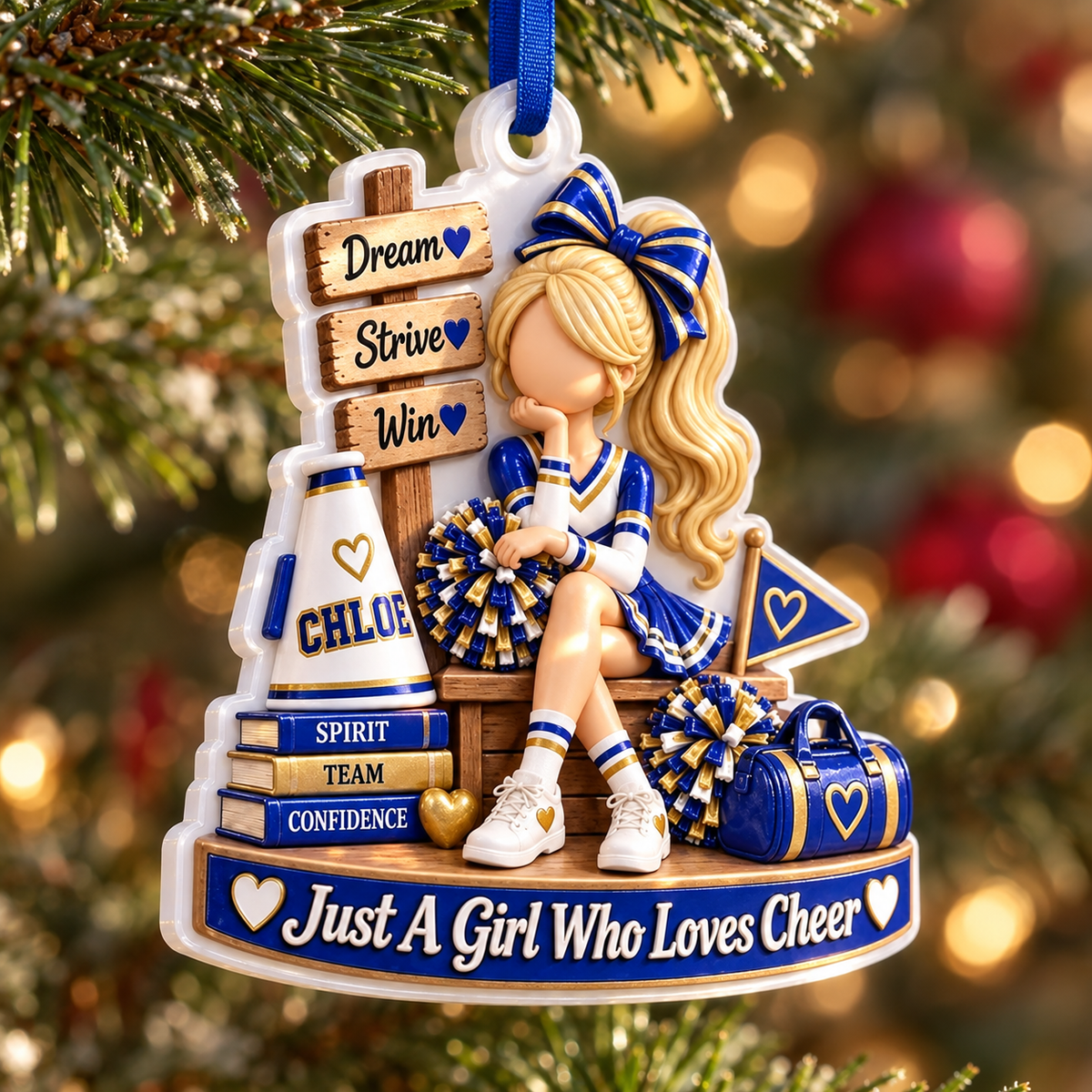 Cheerleading Girl with Megaphone and Pom Poms Acrylic Hanging Holiday Keepsake - 3D Relief Ornament