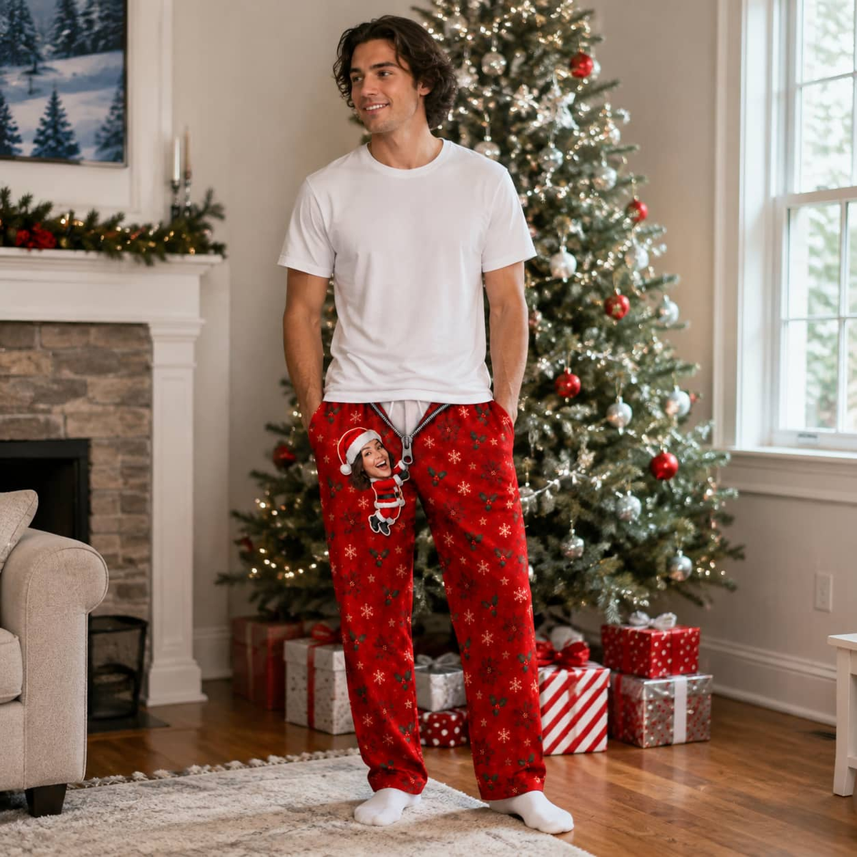 Mens Christmas Pajama Pants Novelty Zipper Print Holiday Loungewear