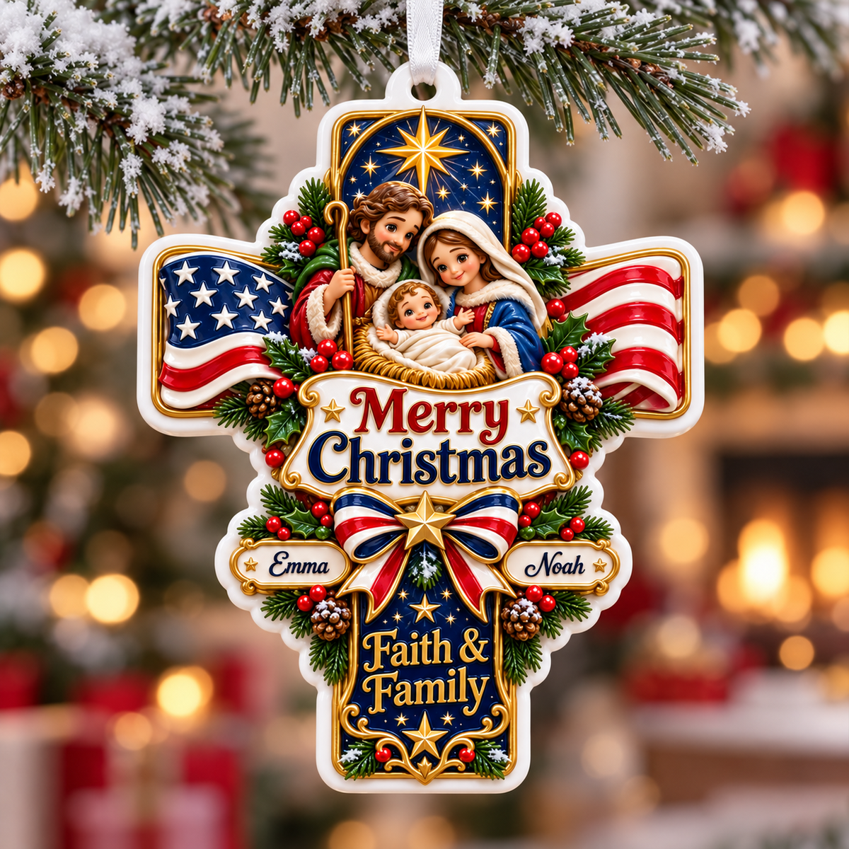 Nativity Scene American Flag Cross Faith and Family Holiday Tree Hanging Decor - 3D Relief Ornament