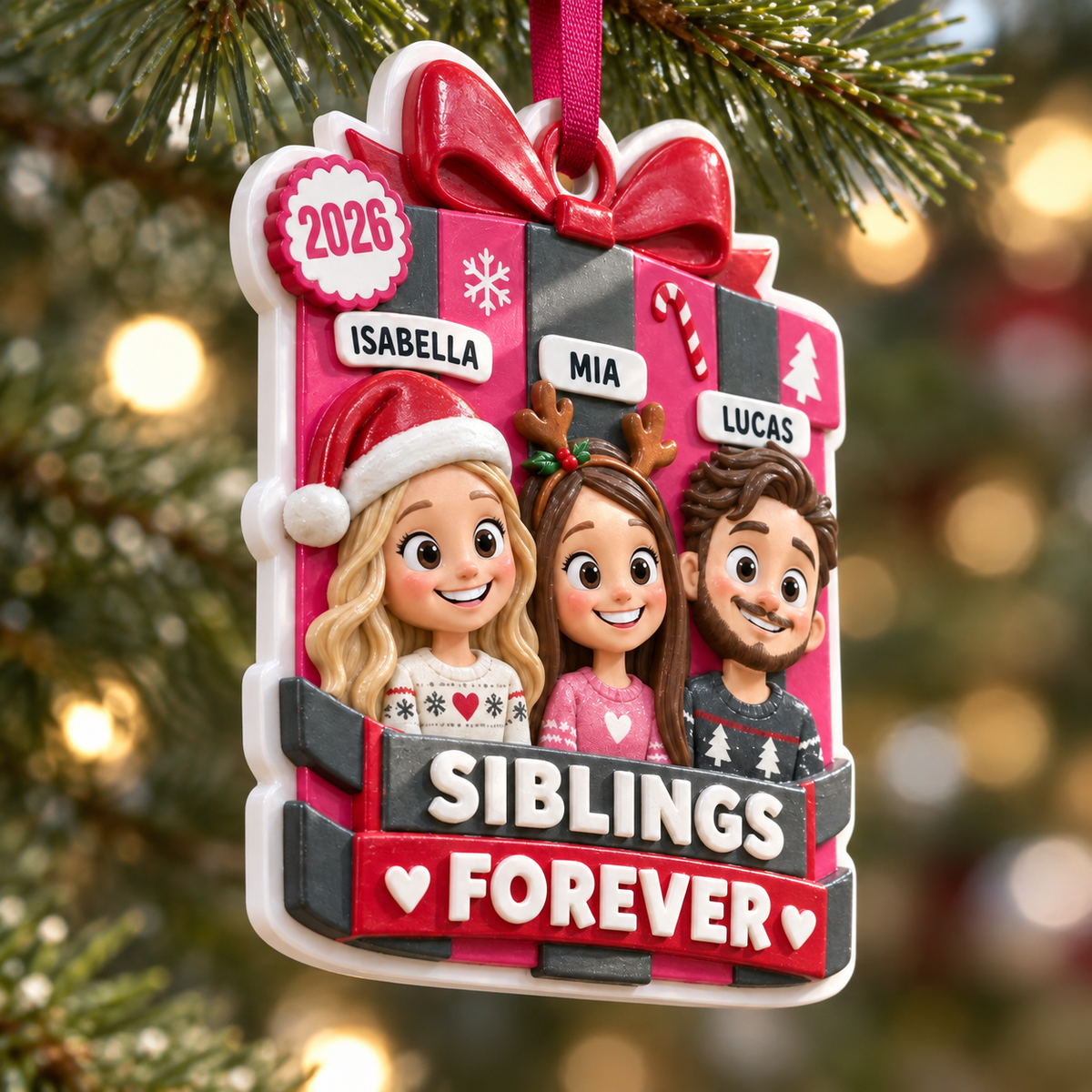 Siblings Forever Christmas Present Box Holiday Hanging Keepsake - 3D Relief Ornament