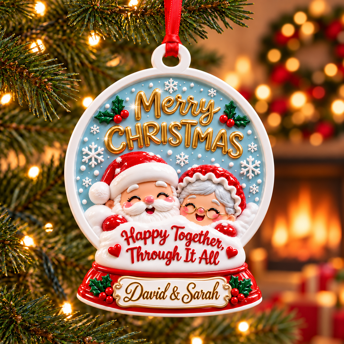Couple Snow Globe Hanging Holiday Keepsake, Winter Theme Acrylic Medallion - 3D Relief Ornament