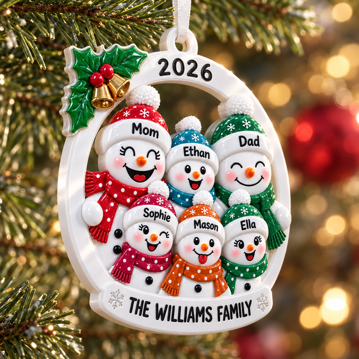 Snowman Family of 6 Christmas Tree Hanging Decoration with Holly and Bells - 3D Relief Ornament