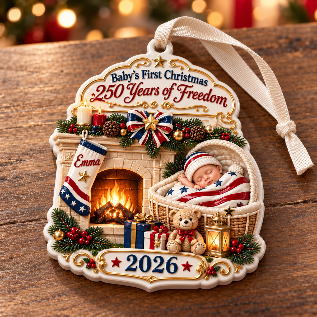 Baby's First Christmas 2026 Patriotic Fireplace Holiday Keepsake - 3D Relief Ornament