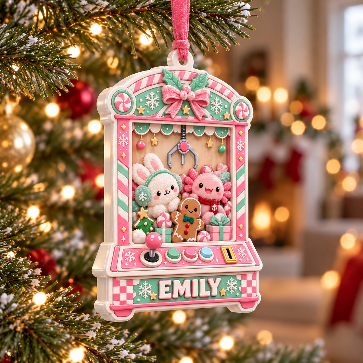 Pink Claw Machine Holiday Arcade Game with Plush Bunny and Axolotl - 3D Relief Ornament