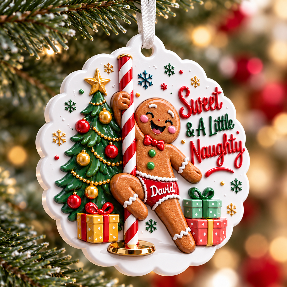 Pole Dancing Gingerbread Man Holiday Acrylic Medallion - 3D Relief Ornament