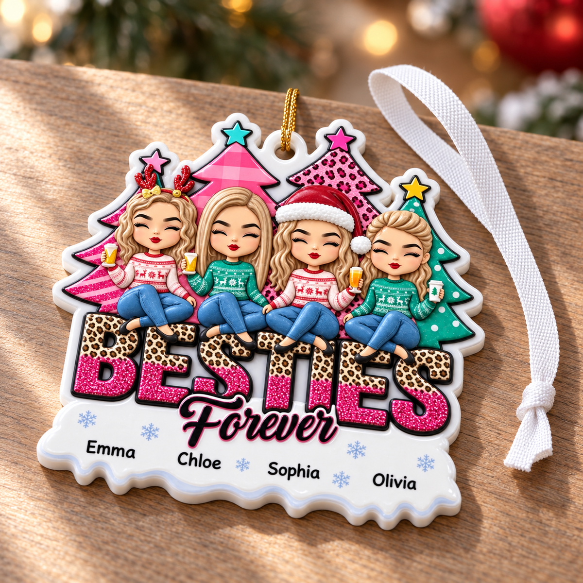Four Friends Christmas Hanging Keepsake with Winter Holiday Trees - 3D Relief Ornament