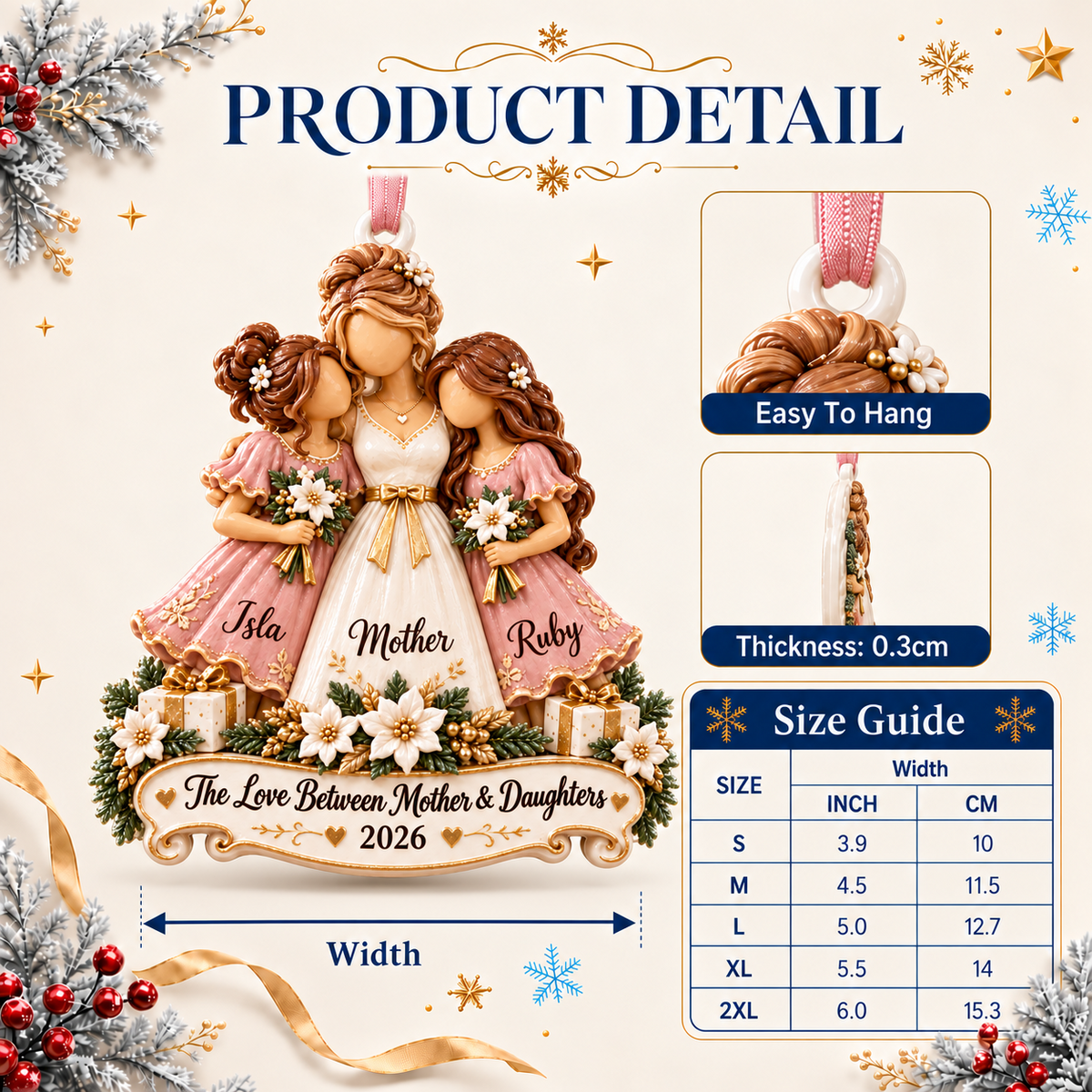 Mother and Two Daughters Holiday Keepsake with Ribbon Hanging - 3D Relief Ornament