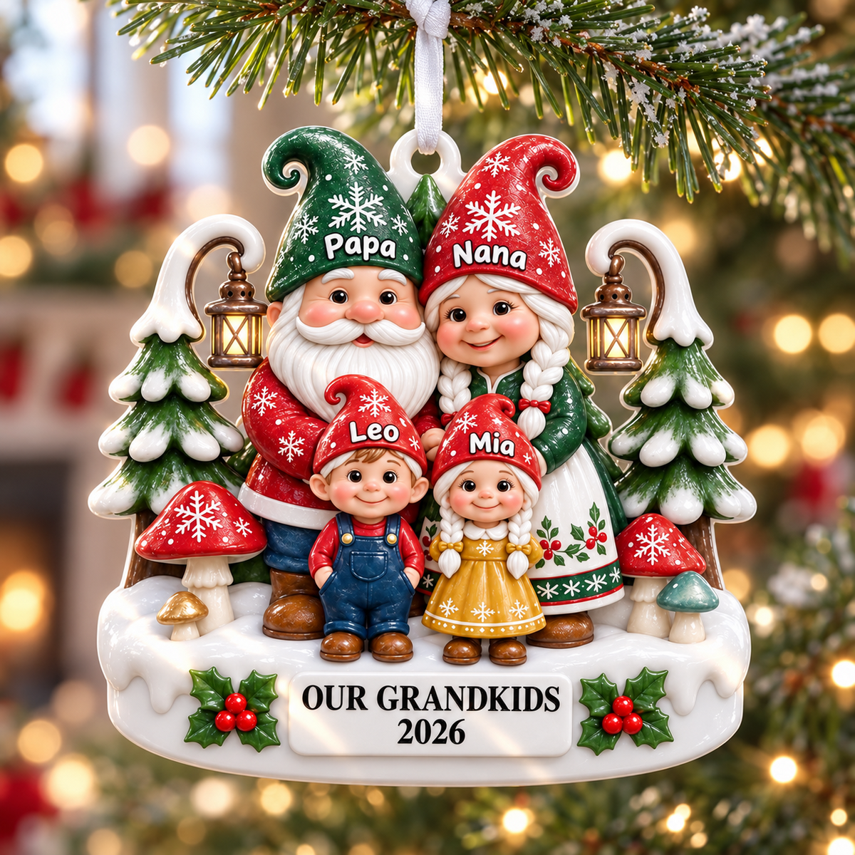 Snowy Woodland Pine Trees and Lanterns Winter Picture Frame - 3D Relief Ornament