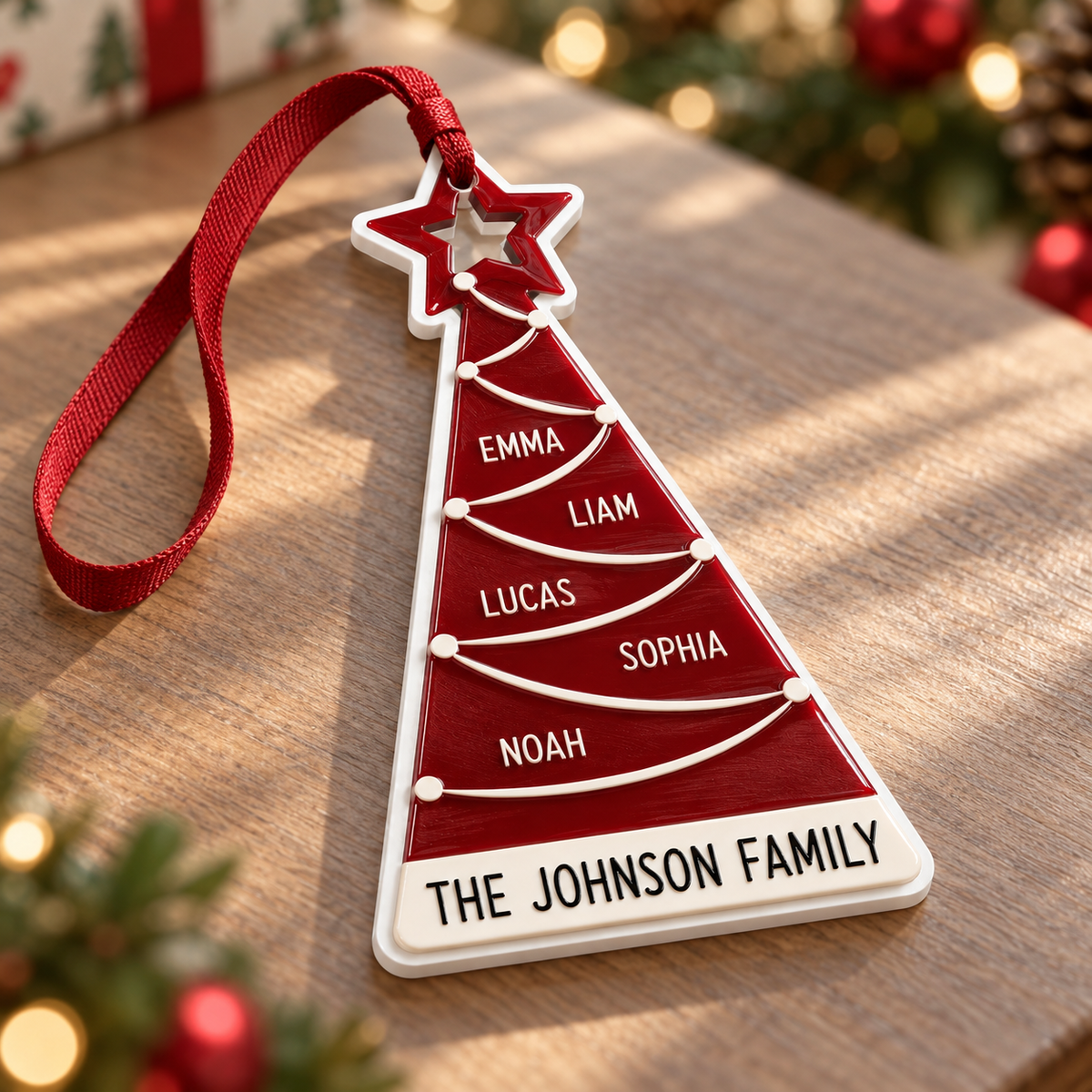 Family Christmas Tree Holiday Hanging Decoration, Red and White Star - 3D Relief Ornament