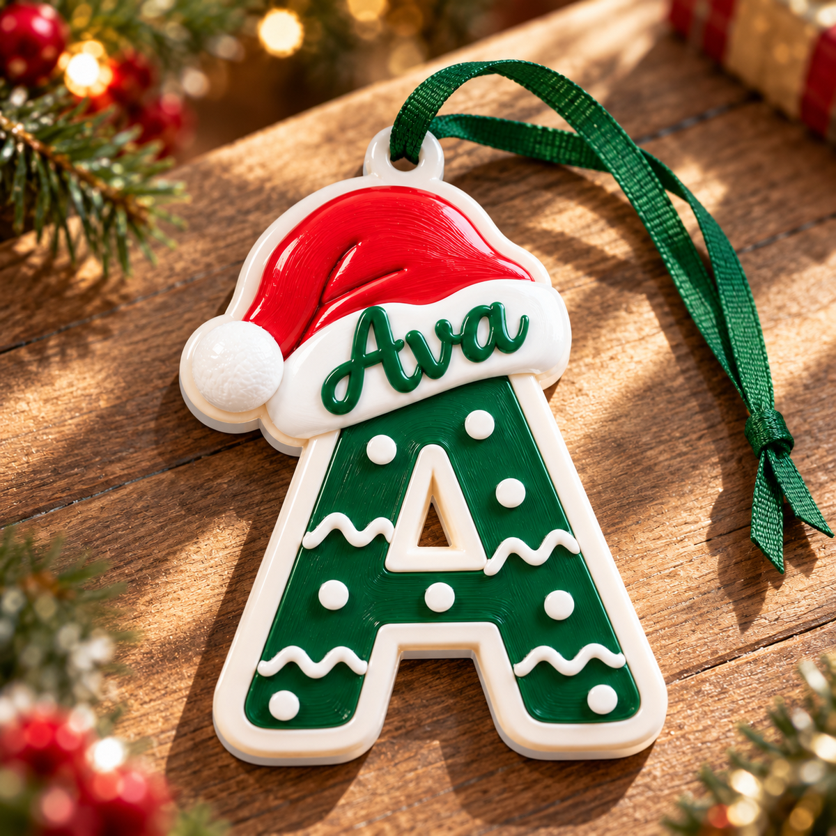 Christmas Letter A Monogram with Santa Hat, Green and White Holiday Tree Hanging - 3D Relief Ornament