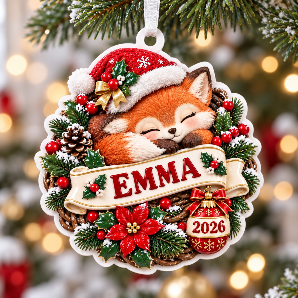 Sleeping Fox Wreath with Santa Hat Acrylic Christmas Keepsake - 3D Relief Ornament