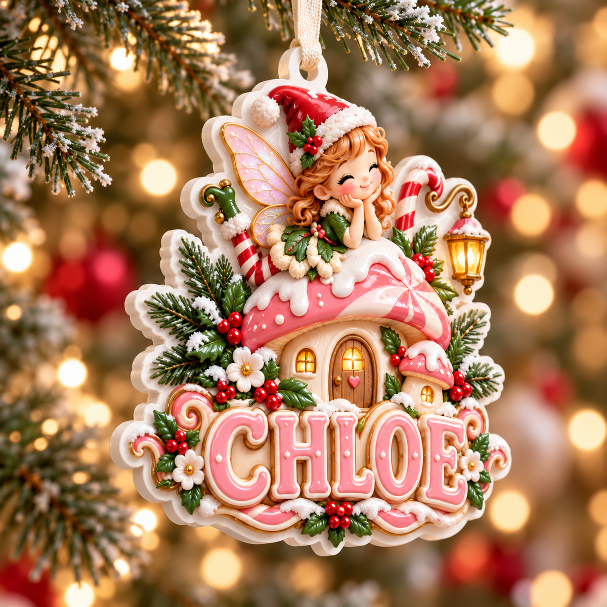 Christmas Fairy Mushroom House Acrylic Hanging Holiday Decor - 3D Relief Ornament