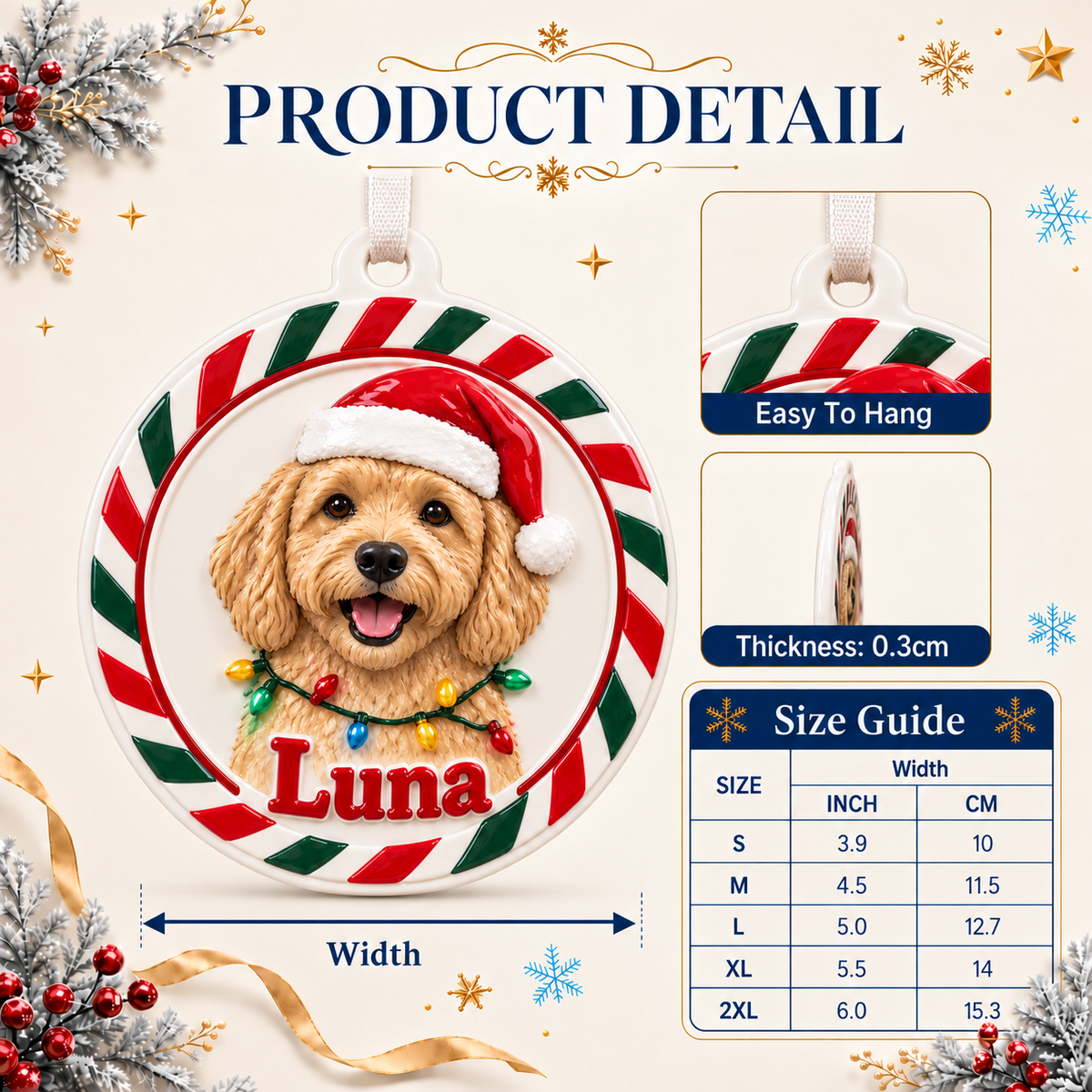 Christmas Goldendoodle Dog Holiday Medallion with Ribbon - 3D Relief Ornament