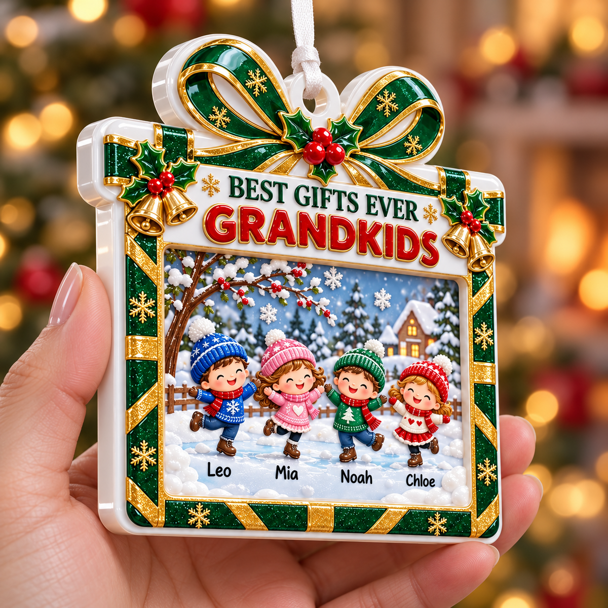 Grandkids Winter Skating Present Frame Holiday Keepsake - 3D Relief Ornament