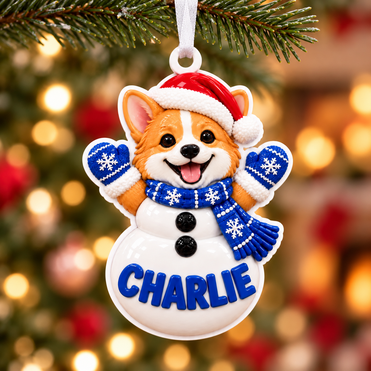 Corgi Dog Snowman with Blue Scarf and Santa Hat Acrylic Hanging Holiday Decor - 3D Relief Ornament