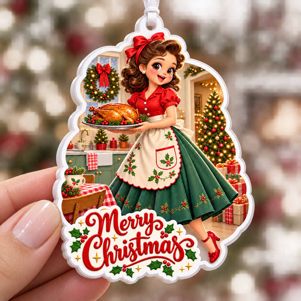 Retro Holiday Homemaker with Roast Turkey Acrylic Holiday Keepsake - 3D Relief Ornament
