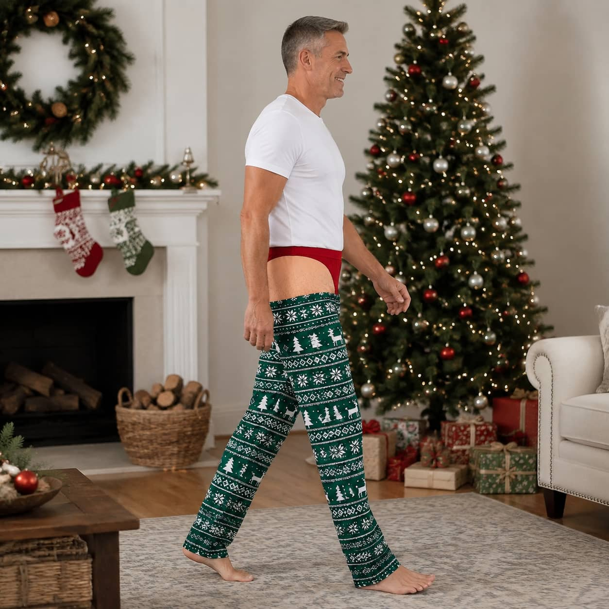 Men's Christmas Pajama Pants, Gag Underwear Print Holiday Loungewear