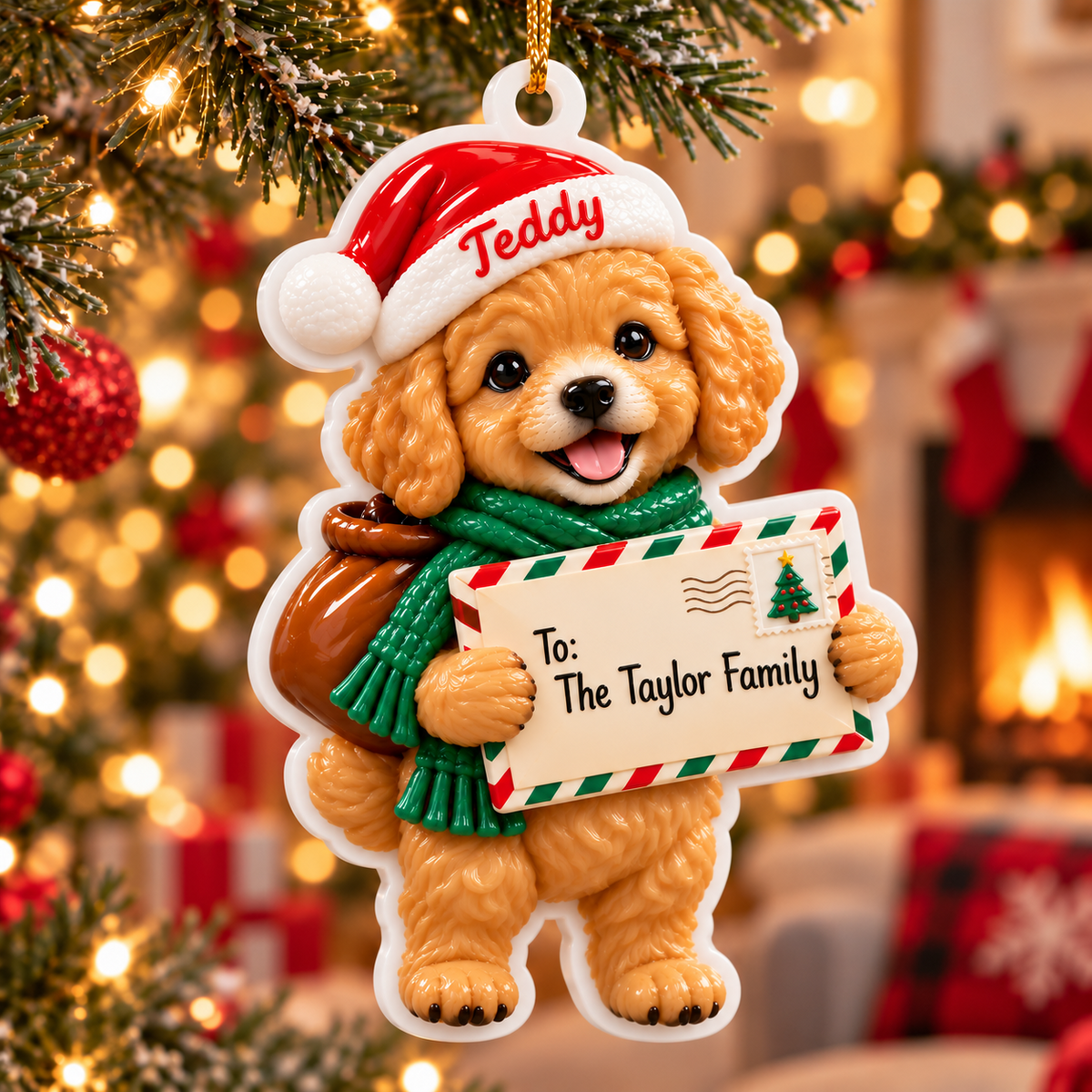 Christmas Puppy Holding Holiday Letter Hanging Tree Decor - 3D Relief Ornament