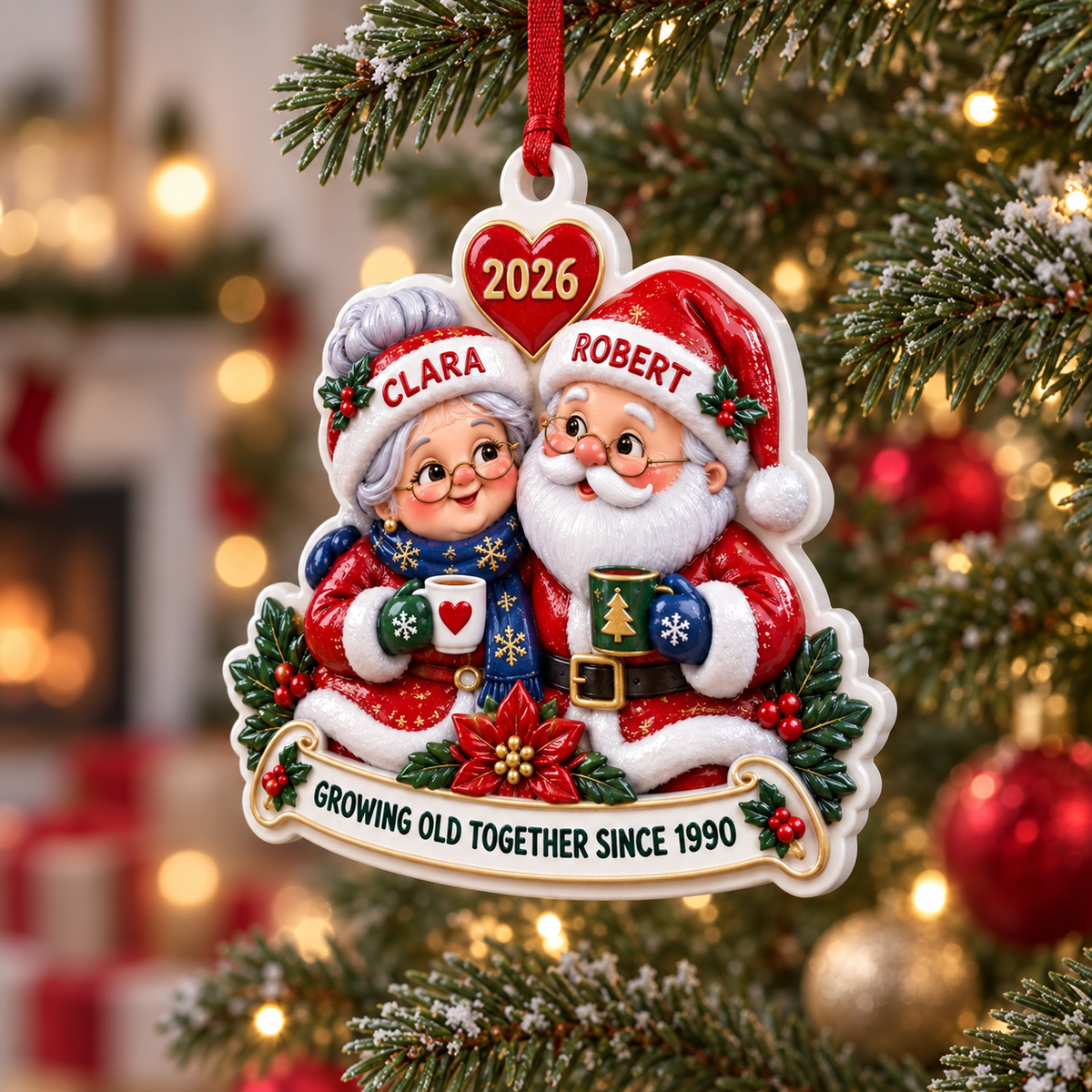 Santa and Mrs Claus Couple Christmas Tree Decoration, Holiday Keepsake - 3D Relief Ornament