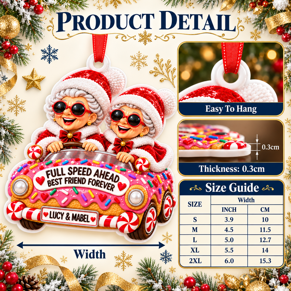 Old Ladies In Gingerbread Car Christmas Tree Hanging Decor - 3D Relief Ornament