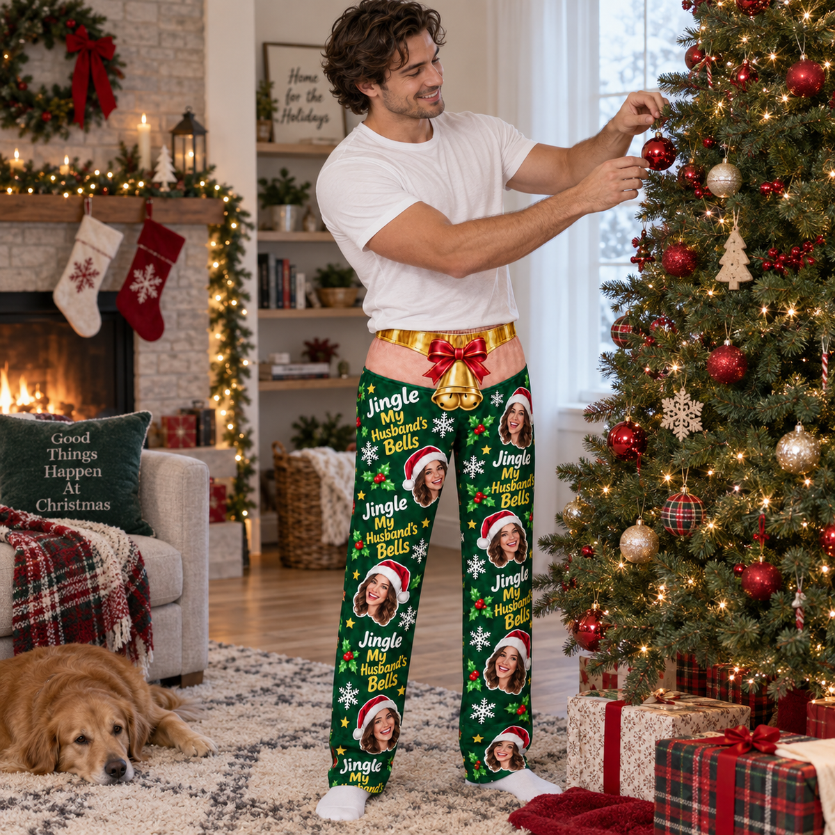 Mens Christmas Pajama Pants Festive Holiday Bell Lounge Bottoms